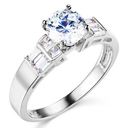 White Gold Round Cut Solitaire & Baguette Side CZ Engagement Ring