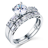 14K White Gold Round CZ with Baguette Side Stones Engagement Ring Set