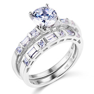 14K White Gold Round CZ with Channel Side Stones Engagement Ring Set