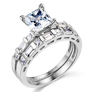 14K White Gold Princess & Baguette Cut Side Stone CZ Wedding Ring Set
