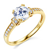 Round Cut Solitaire with Side Stone 14K Yellow Gold CZ Wedding Engagement Ring
