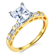 14K Yellow Gold Princess & Baguette Side Stone CZ Engagement Ring