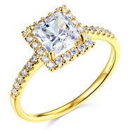 Princess & Round Halo Side Stone 14K Yellow Gold CZ Engagement Ring
