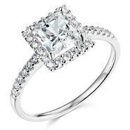 Princess & Round Halo Side Stone 14K White Gold CZ Engagement Ring