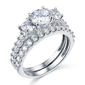 Round Three-Stone & Side Stone 14K White Gold CZ Wedding Ring Set