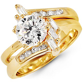 14K Fancy Round & Baguette CZ Wedding Ring Set