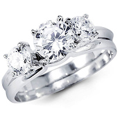 14k White Gold Three Stone CZ Wedding Set