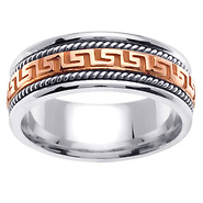 Two Tone Greek Key and Rope 14K Gold Wedding Ring
