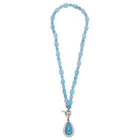 Sterling Silver Pear Cabochon Genuine Milky Aquamarine Necklace with Sapphire Accent