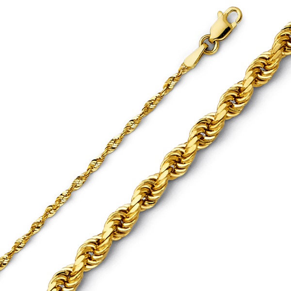 2mm 14K Yellow Gold Solid Diamond-Cut Rope Chain Necklace 16-24in
