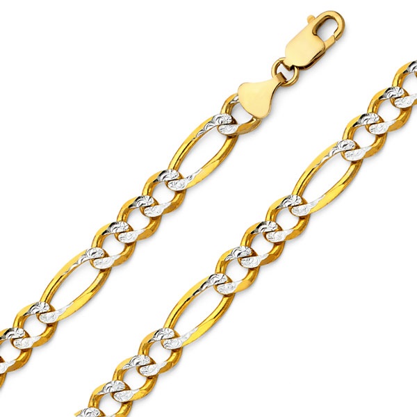 7mm 14K Two-Tone Gold Solid Men's Pave Figaro Link Chain Necklace 20-26in