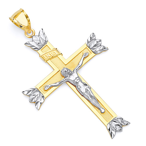 Leaf-Tipped Concave Crucifix Pendant in 14K Two-Tone Gold XXL