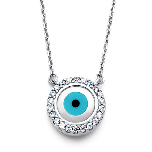 Floating Cubic Zirconia CZ Circle Evil Eye Necklace in 14K White Gold