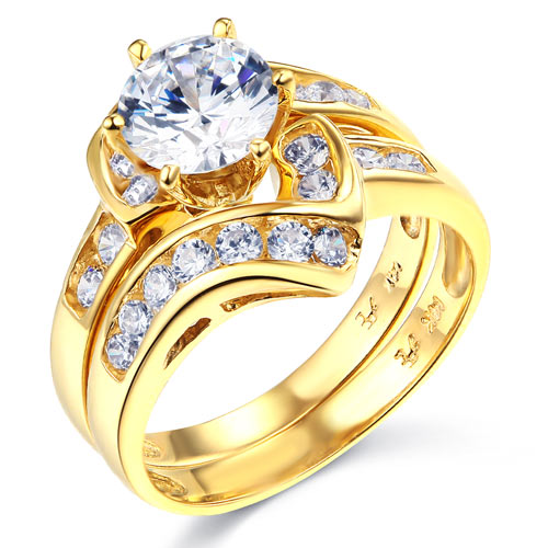 Contour 1.25CT Round-Cut with Side Stones CZ Engagement Ring Set in 14K Yellow Gold 2ctw