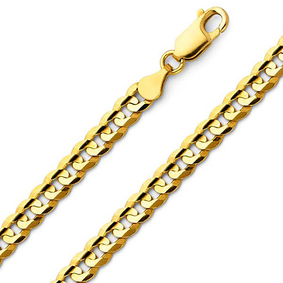 7mm 18K Yellow Gold Solid Men's Concave Curb Cuban Link Chain Necklace 24-30in