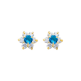 Flower Birthstone Color CZ Stud Earrings in 14K Yellow Gold