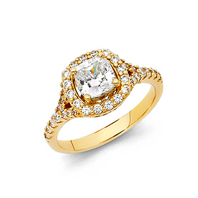 Halo 1.25CT Cushion-Cut Split Shank & Scalloped Sides CZ Wedding Ring in 14K Yellow Gold