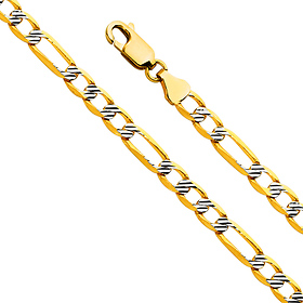 4.7mm 14K Yellow Gold Solid Figaro 3+1 Fancy White Pave Chain Necklace 18-26in