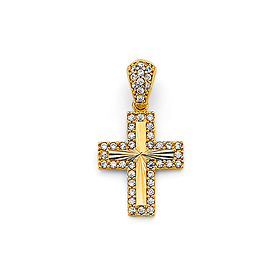 Diamond-Cut CZ Double Cross in 14K Yellow Gold Solid - Mini