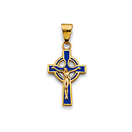 Blue Celtic Crucifix in 14K Yellow Gold Solid