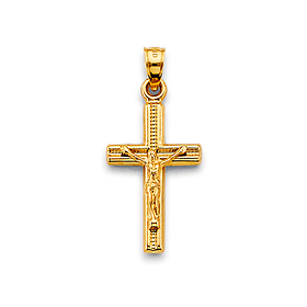 Slim Concave Textured Crucifix in 14K Yellow Gold Solid