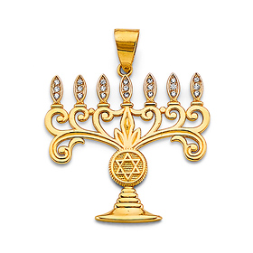 Artisinal CZ Star of David Menorah Pendant in 14K Yellow Gold Solid
