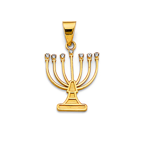Modern Cubic Zirconia Menorah Pendant in 14K Yellow Gold Solid