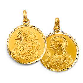 Dual Diamond-Cut Virgin del Carmen Sacred Heart Medal Pendant in 14K Yellow Gold Solid