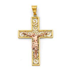 Open Scroll Latin Crucifix Pendant in 14K Two-Tone Gold Solid - Medium