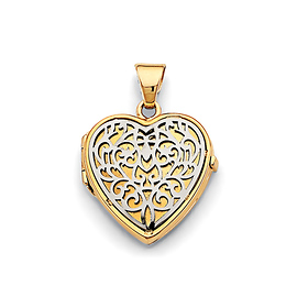 White Gold Filigree Heart Locket Pendant in 14K Two-Tone Gold - Small