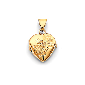 Flower Etched Heart Locket Pendant in 14K Yellow Gold - Small