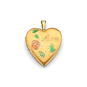 Mom Red Rose Heart Locket Pendant in 14K Yellow Gold - Petite