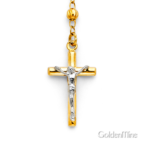 3mm Moon-Cut Bead Our Lady of Guadalupe Rosary Necklace in 14K Tricolor Gold 18in Slide 2