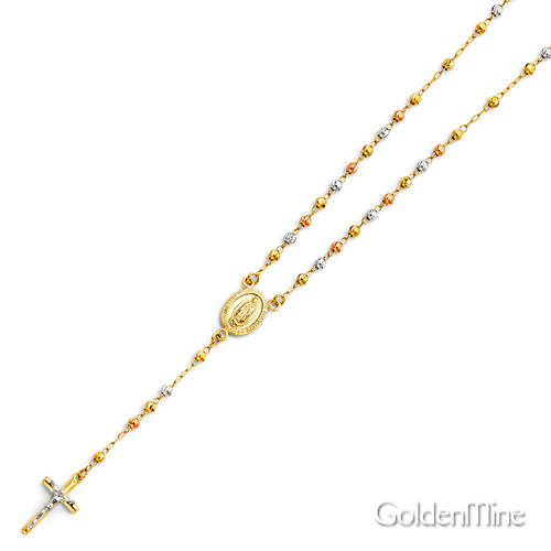 3mm Moon-Cut Bead Our Lady of Guadalupe Rosary Necklace in 14K Tricolor Gold 18in Slide 3