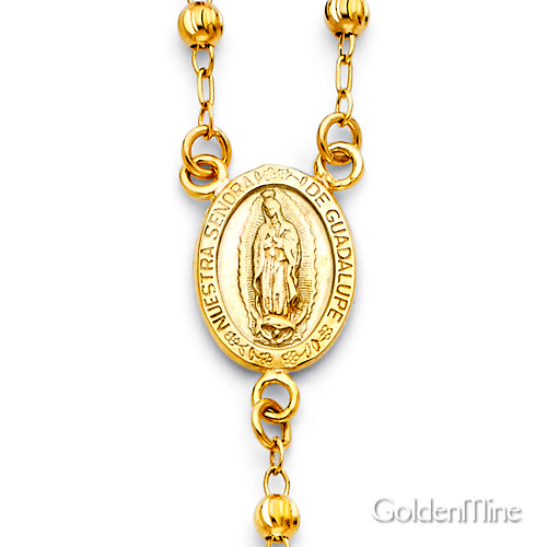 3mm Moon-Cut Bead Our Lady of Guadalupe Rosary Necklace in 14K Tricolor Gold 18in Slide 1