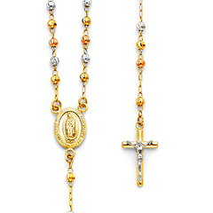 3mm Moon-Cut Bead Our Lady of Guadalupe Rosary Necklace in 14K Tricolor Gold 18in