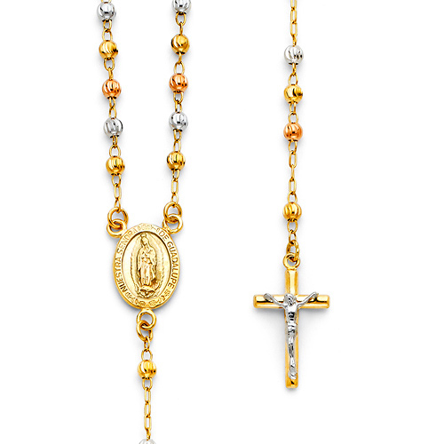 3mm Moon-Cut Bead Our Lady of Guadalupe Rosary Necklace in 14K Tricolor Gold 18in Slide 0