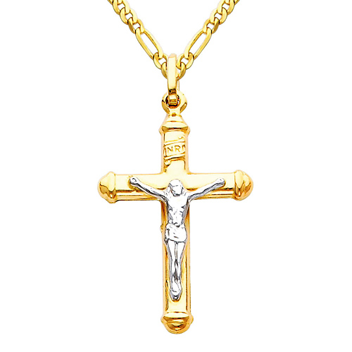 Small Tube Crucifix Necklace with Figaro Chain - 14K Two-Tone Gold (16-24in) Slide 0