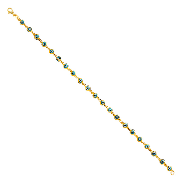 Sky Blue Round Evil Eye Charms Bracelet - 14K Yellow Gold 7in Slide 1