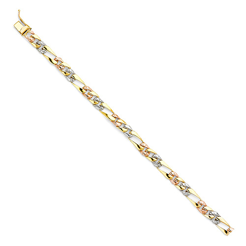 6mm Men's 14K Tricolor Gold Oval Nugget Figaro Chain Bracelet 7in Slide 2