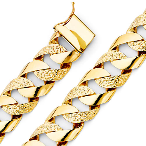 Men's 17mm 14K Yellow Gold Nugget Curb Cuban Link Chain Bracelet 9in Slide 0