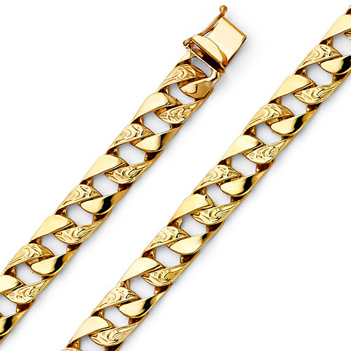 9mm Men's 14K Yellow Gold Oval Carved Curb Cuban Link Chain Bracelet 8.5in Slide 0