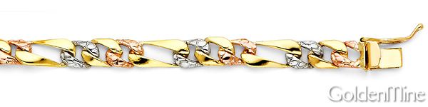 6mm Men's 14K Tricolor Gold Oval Nugget Figaro Chain Bracelet 7in Slide 1