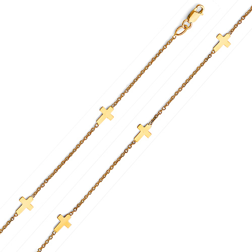 Flat Sideways Cross Charm Bracelet in 14K Yellow Gold Solid Slide 0