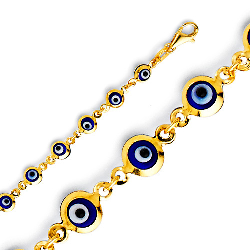 Petite Round Blue Evil Eye Charms Bracelet - 14K Yellow Gold 7in Slide 0