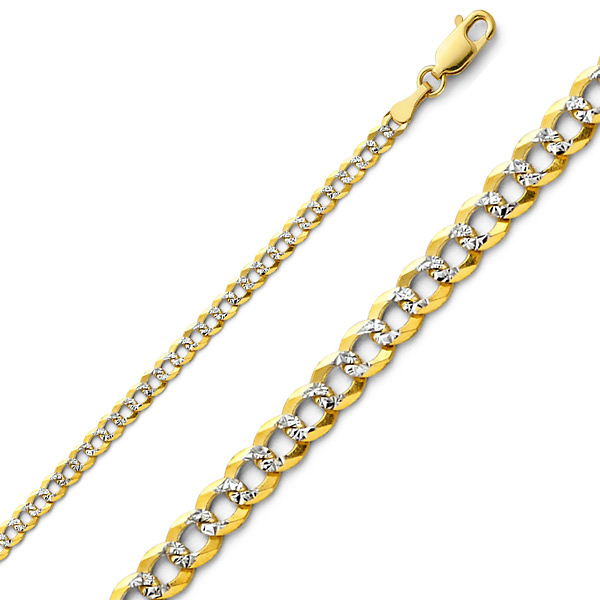3mm 14K Two-Tone Gold White Pave Curb Cuban Link Chain Bracelet 7in Slide 0