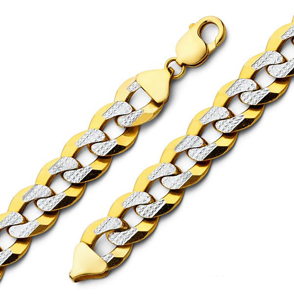 Men's 12mm 14K Two-Tone Gold White Pave Curb Cuban Link Chain Bracelet 8.5in Slide 0