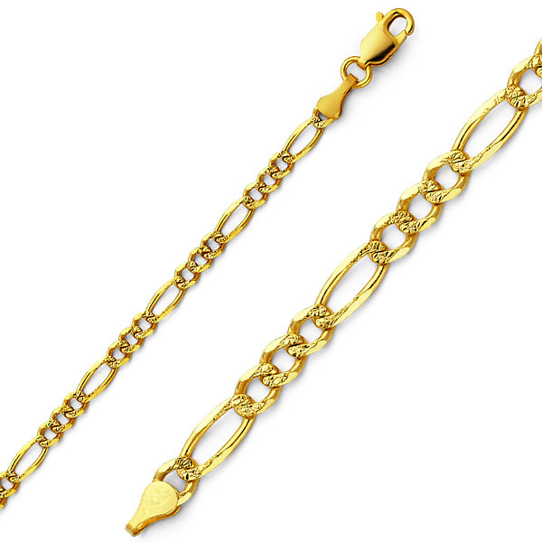3mm 14K Yellow Gold Pave Figaro Link Chain Bracelet 7in Slide 0