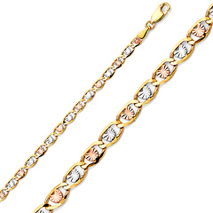 3.2mm 14K Tricolor Gold Solid Heart Star Diamond-Cut Valentino Chain Bracelet 7in
