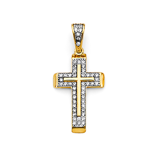 CZ Pave Double Cross Pendant in 14K Yellow Gold Solid Slide 0
